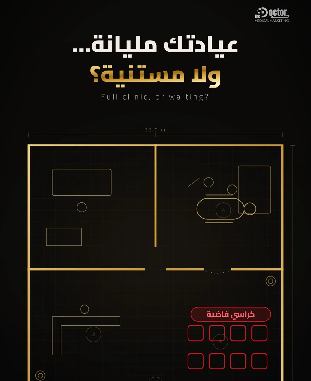 تصميم The Doctor: مخطط عيادة بخطوط دهبي ونقطة حمرا للمريض قدام كراسي فاضية